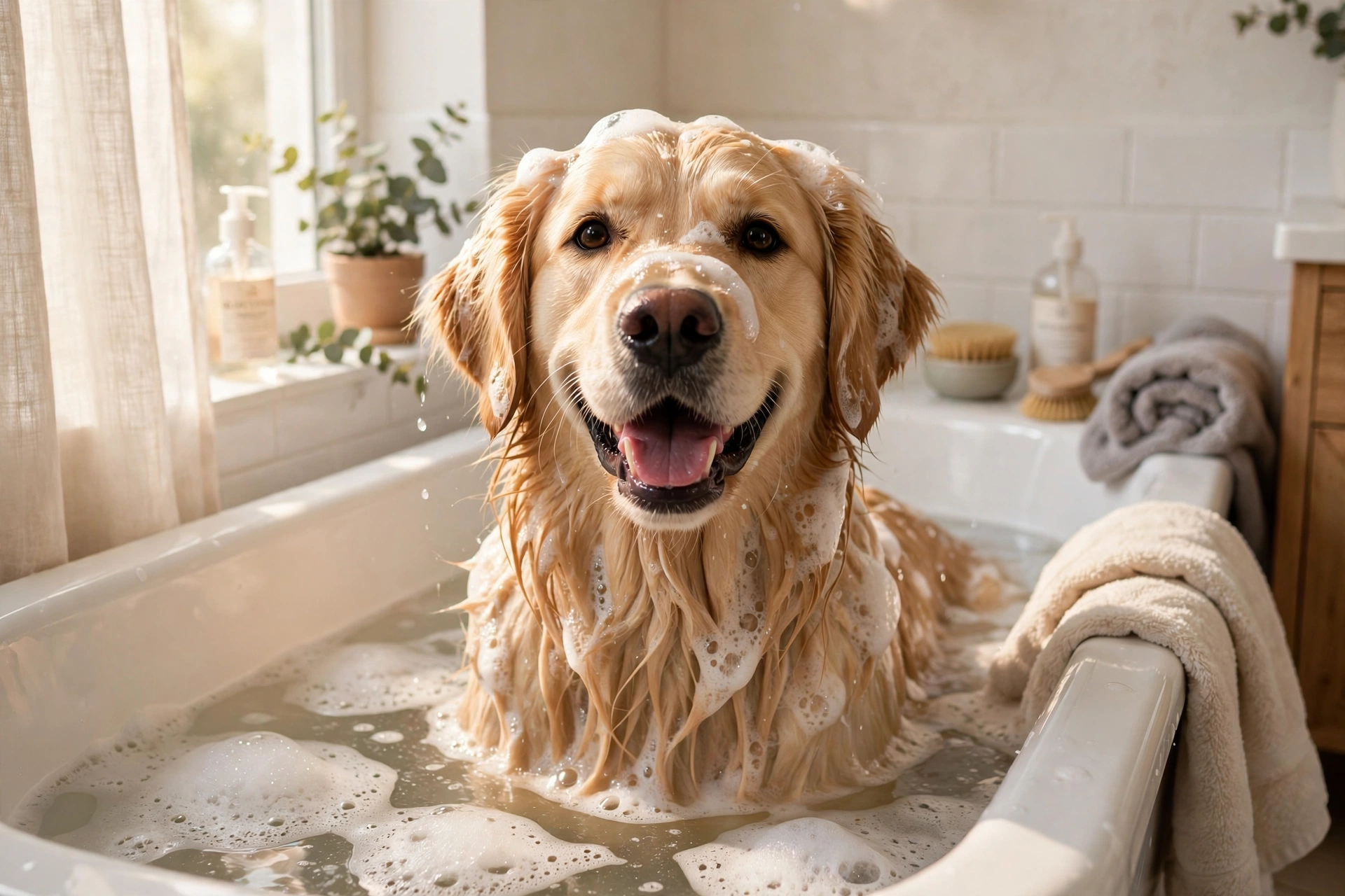 Happy golden retriever enjoying a warm bath with shampoo suds in a bright bathroom