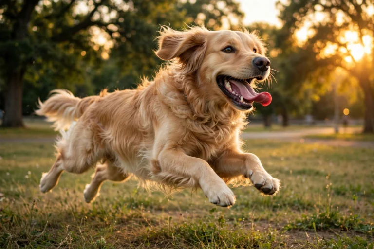 Joyful golden retriever running in a sunny park at golden hour