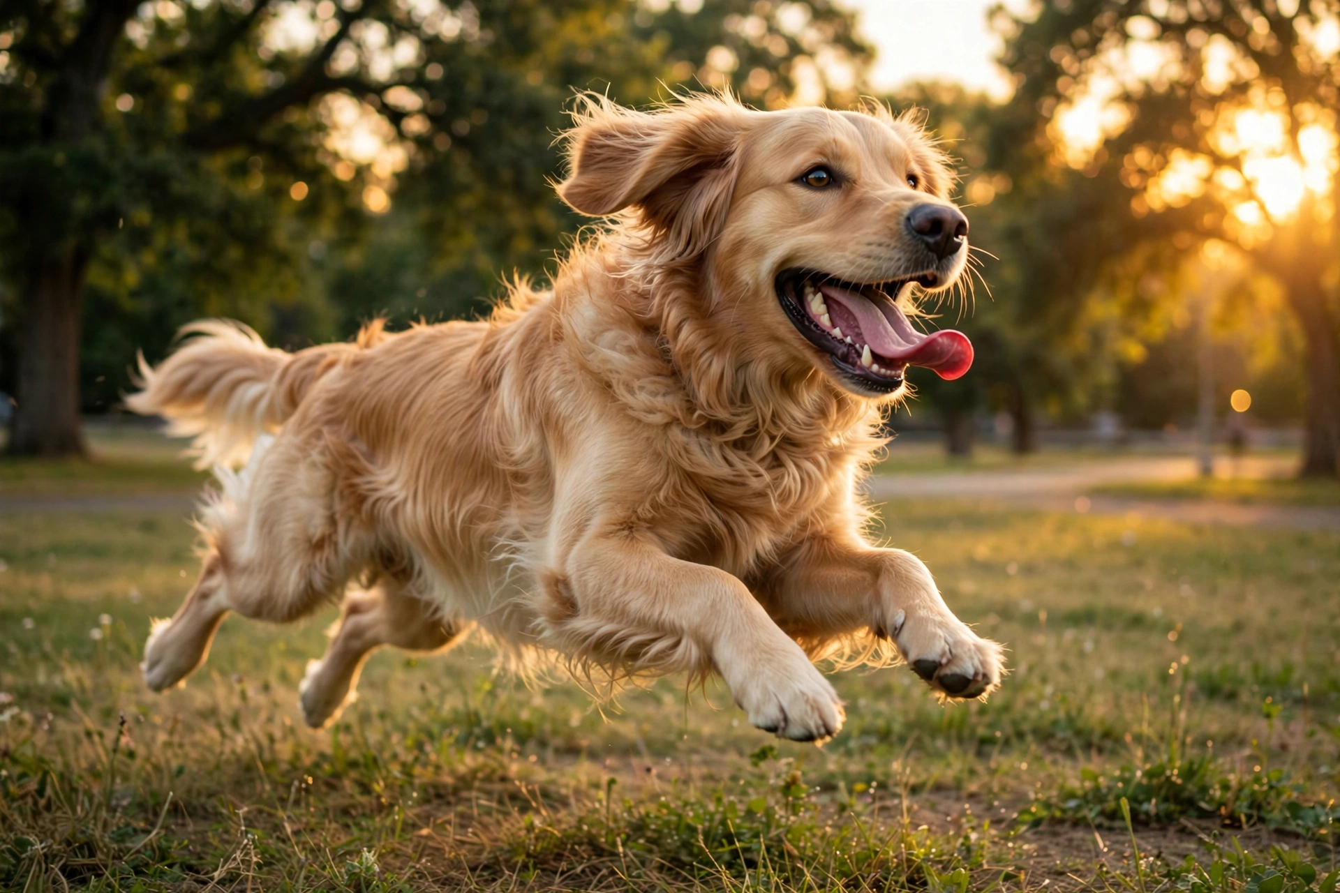 Joyful golden retriever running in a sunny park at golden hour