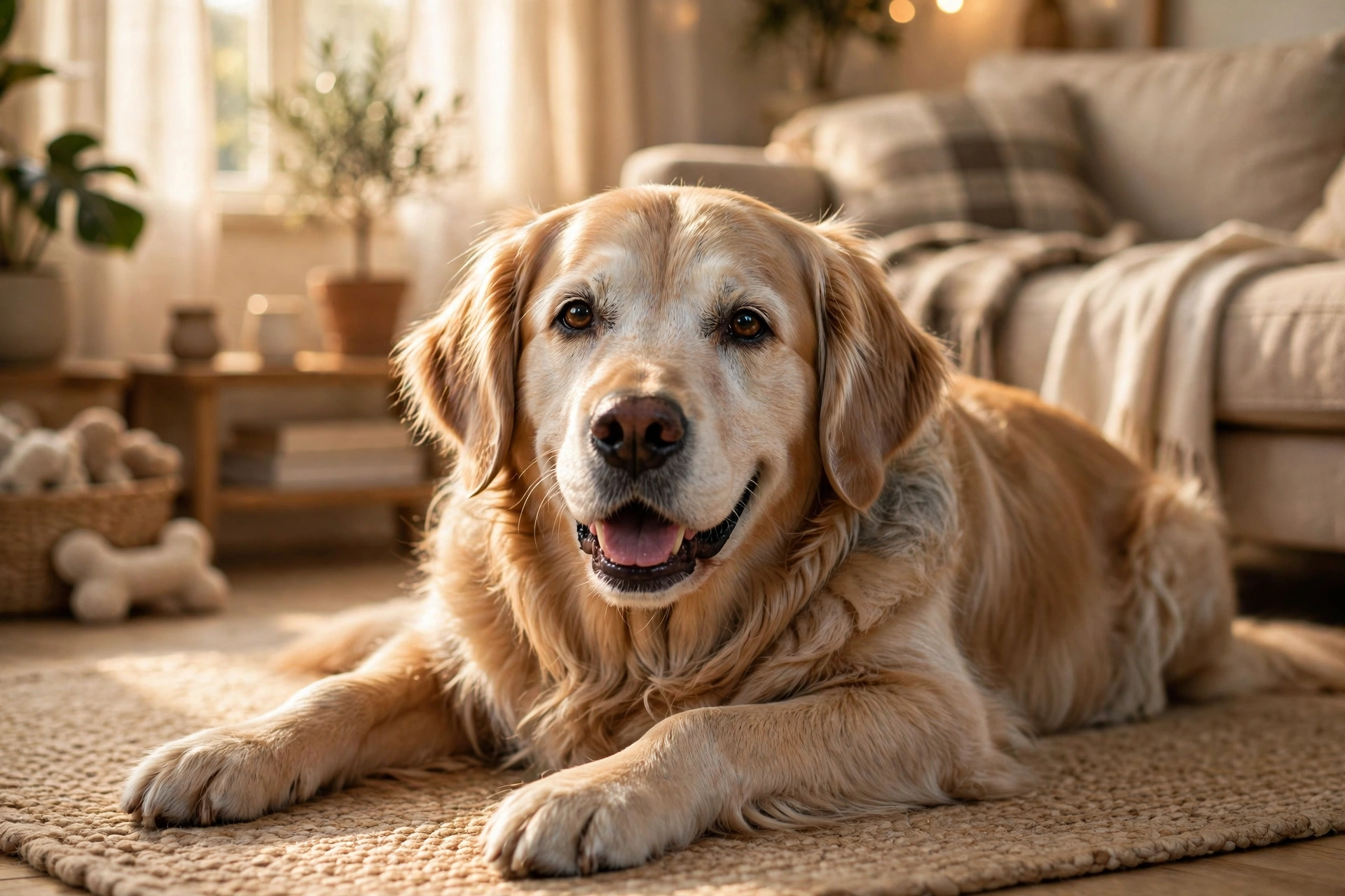 Senior golden retriever with a glossy coat resting in a sunlit living room