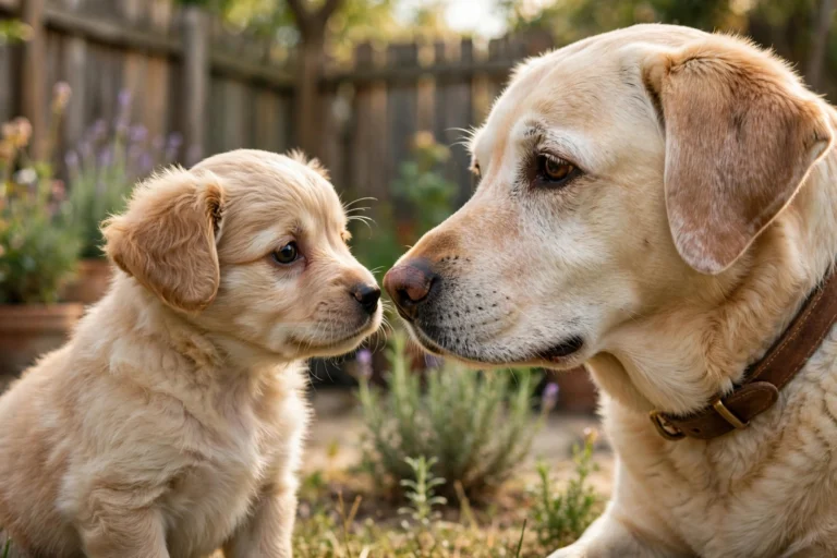 Puppy and older dog meeting nose-to-nose in a sunny backyard