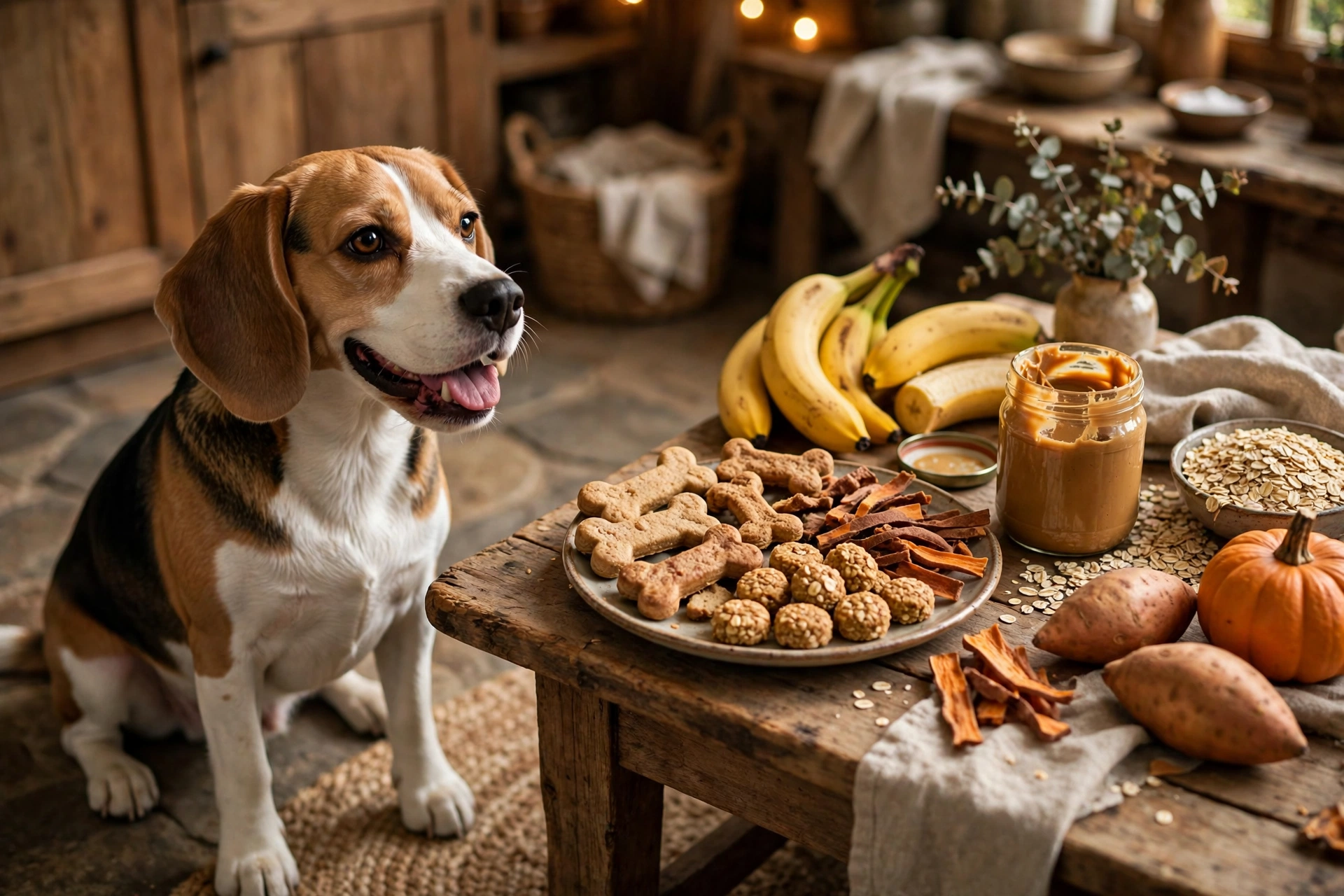 Homemade dog treats arranged on a wooden board with dog ingredients