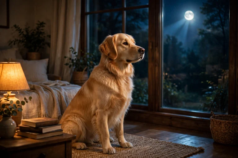 Dog barking at night from a cozy dog bed near a window
