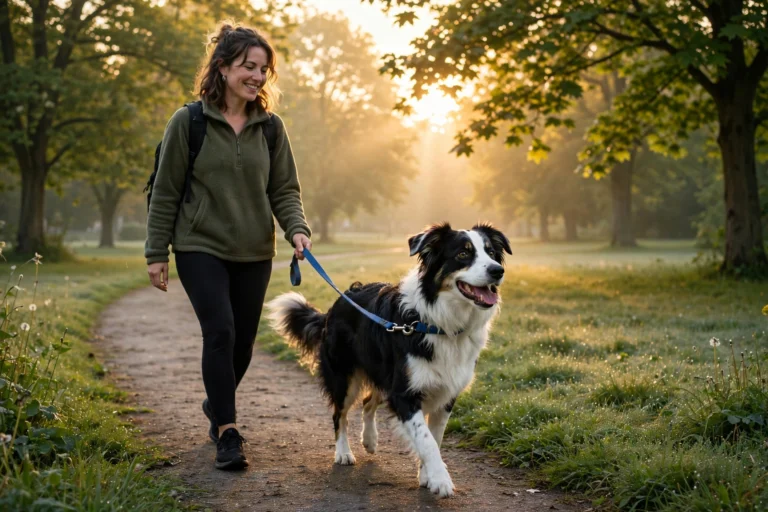 Happy dog on a leash walking on a park path at golden sunrise