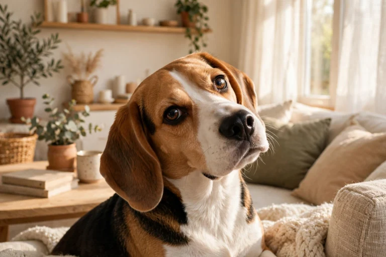 A beagle tilting its head to the side with a curious expression in a bright living room
