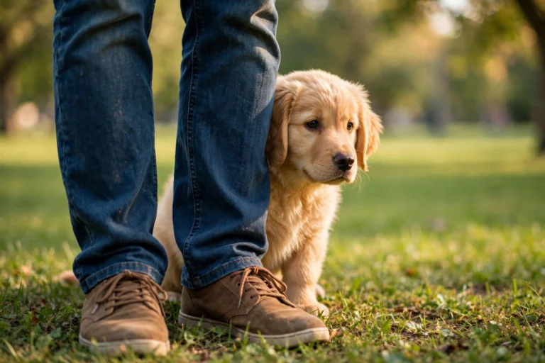 A shy golden retriever puppy peeking cautiously from behind its owner's legs in a sunny park