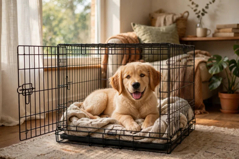Golden retriever puppy relaxing inside an open wire dog crate in a cozy living room