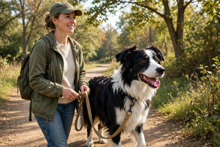 Border collie walking calmly on a loose leash beside its owner on a sunny park trail