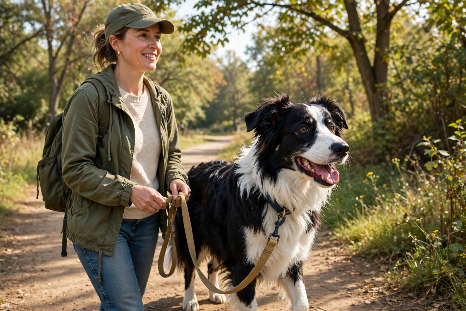 Border collie walking calmly on a loose leash beside its owner on a sunny park trail