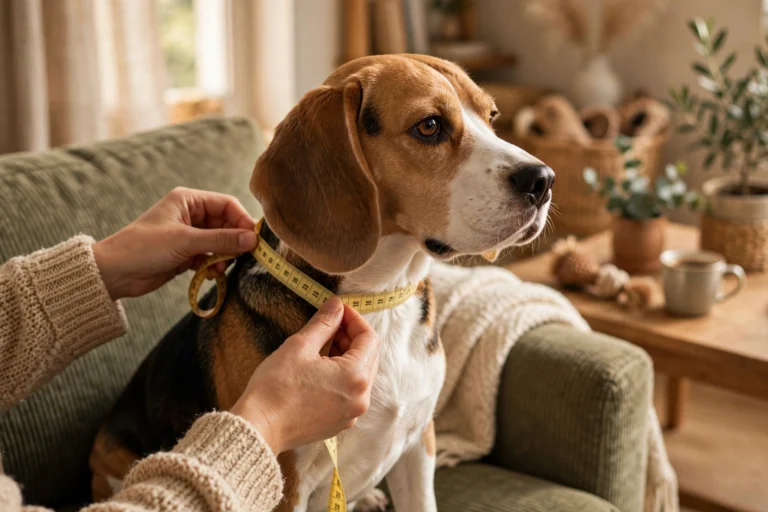 Person measuring a beagle's neck with a soft measuring tape