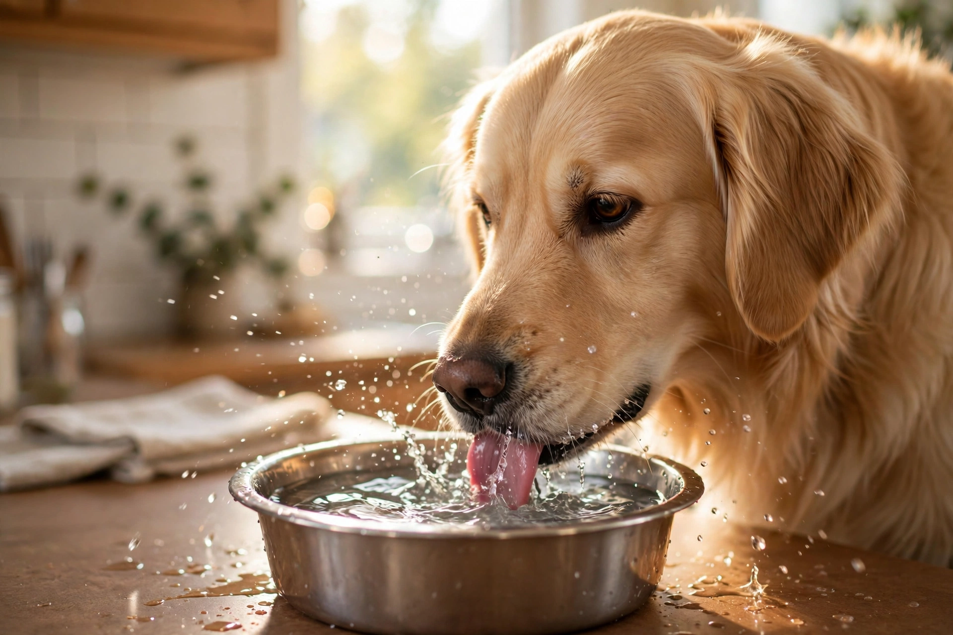 Golden retriever drinking fresh water from a stainless steel bowl