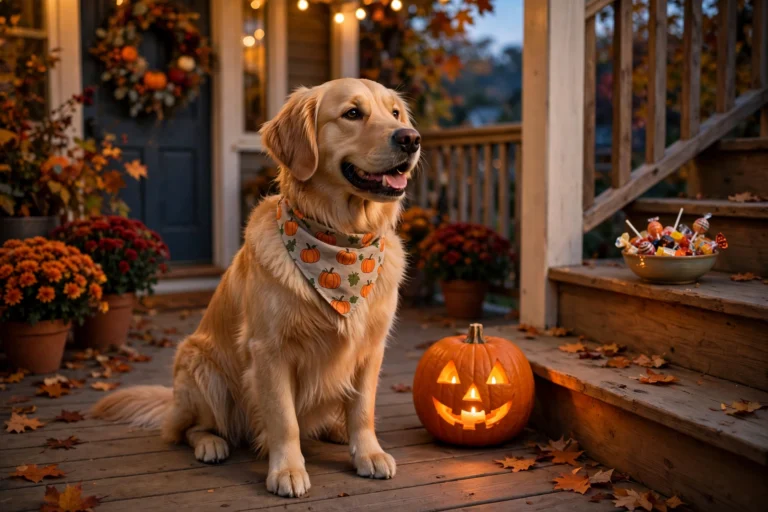 Golden retriever wearing a pumpkin bandana sitting on a front porch next to a glowing jack-o'-lantern