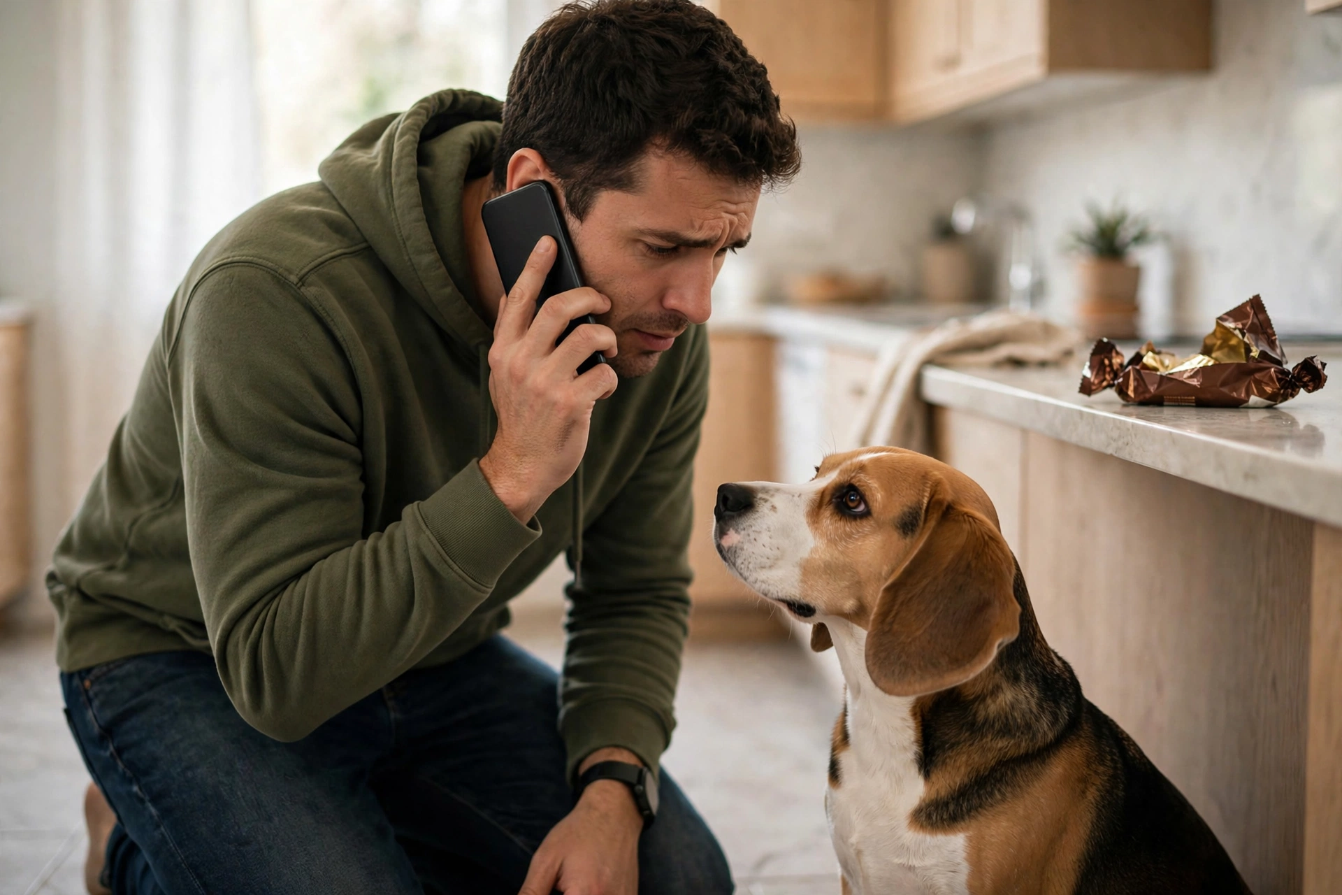 Dog owner calling the veterinarian on the phone while kneeling beside a beagle after the dog ate chocolate
