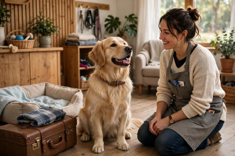 Happy golden retriever sitting in a bright dog boarding facility reception area with a suitcase and dog bed