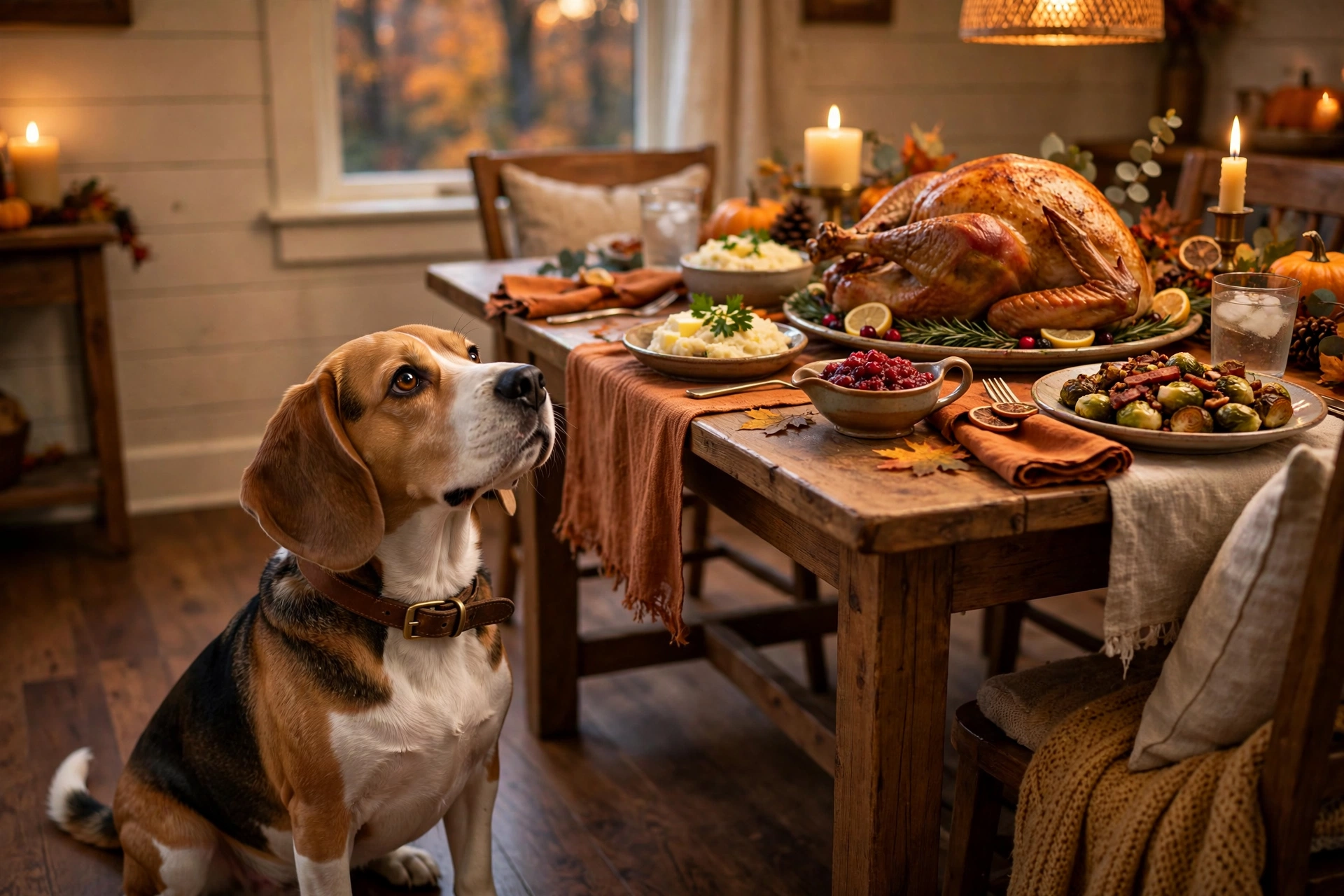 Beagle sitting beside a Thanksgiving dinner table with a roasted turkey platter out of reach