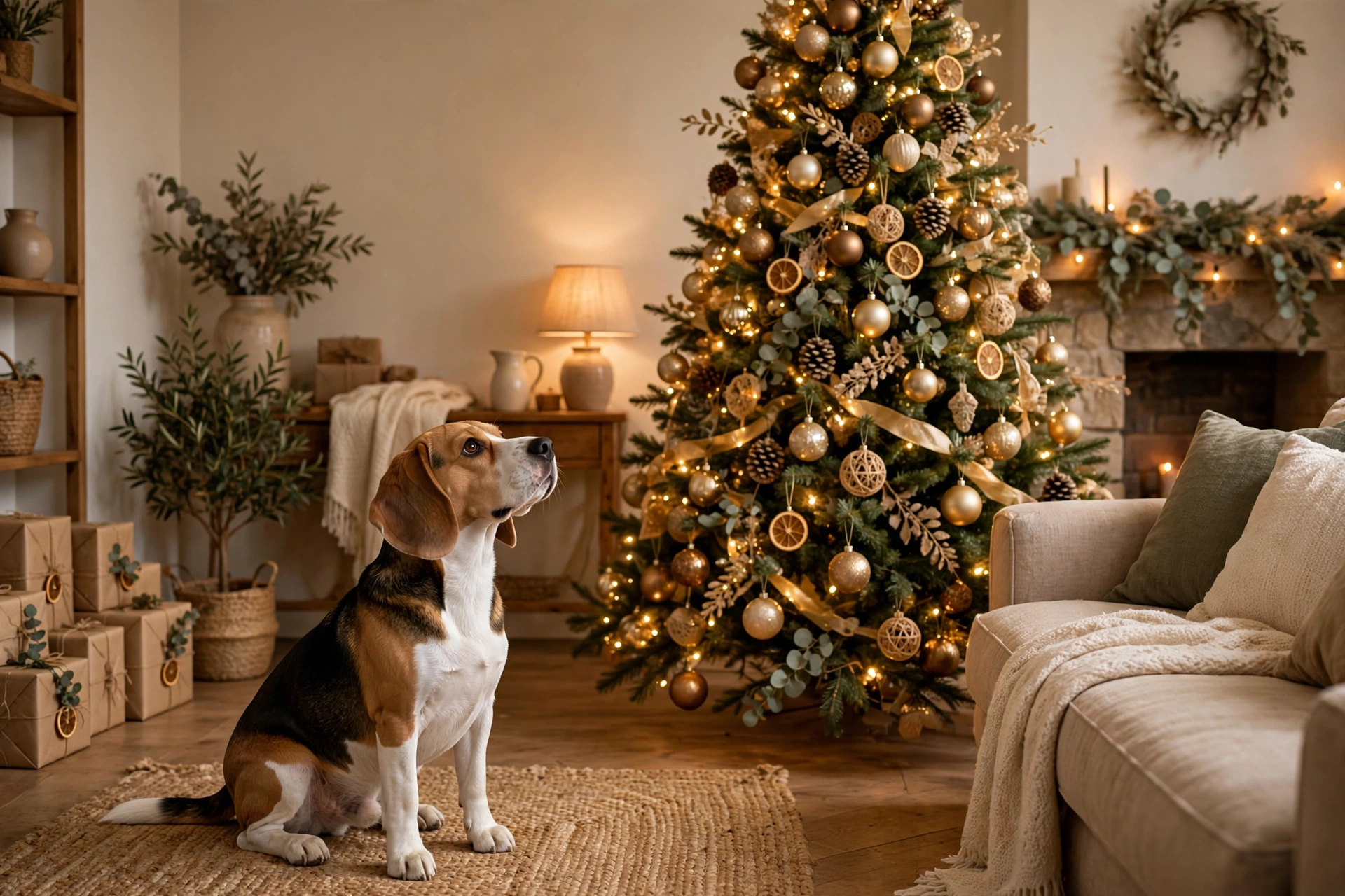 Beagle sitting at a safe distance looking up at a decorated Christmas tree with ornaments hung high