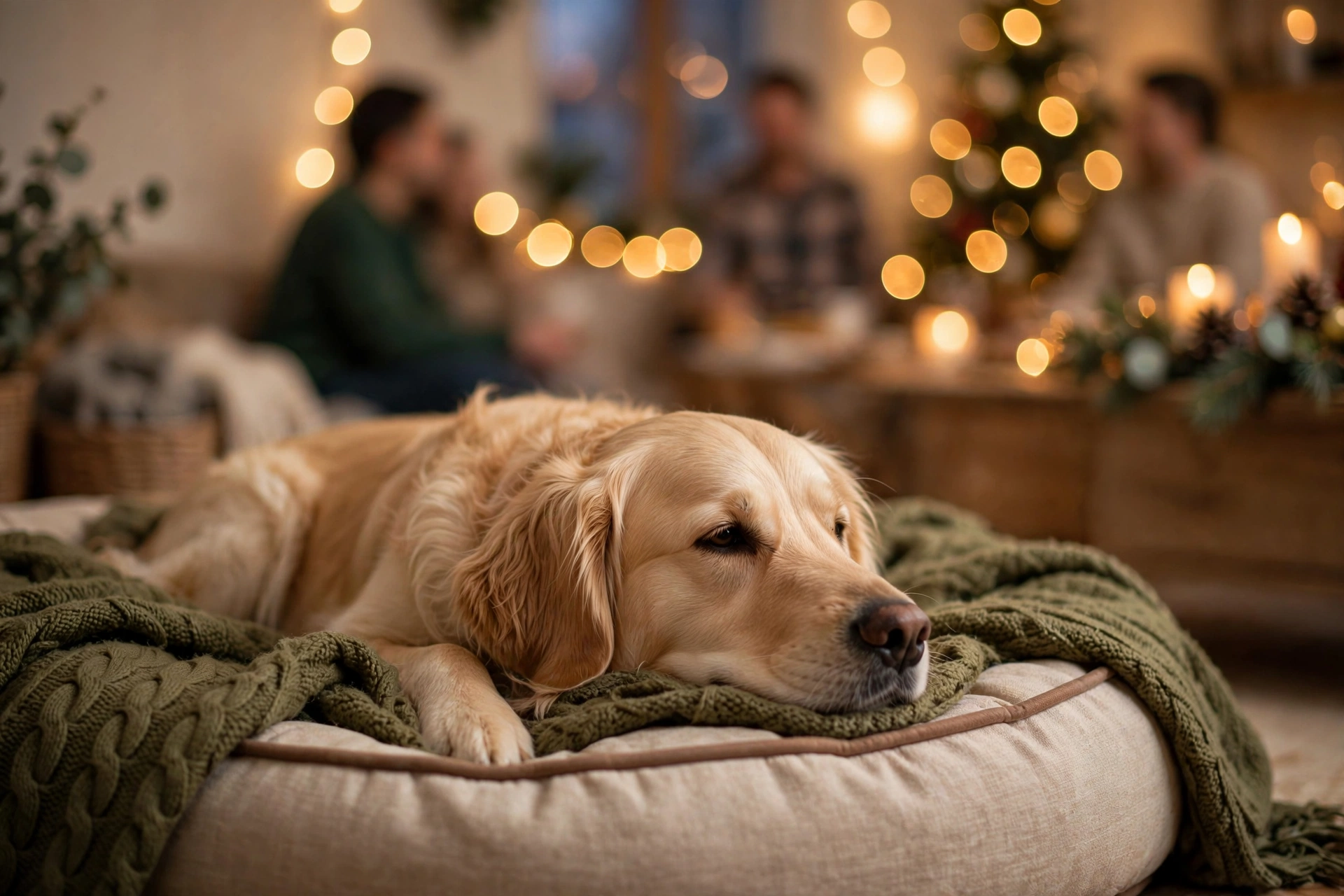 Golden retriever resting calmly on a dog bed in a quiet corner during a holiday gathering