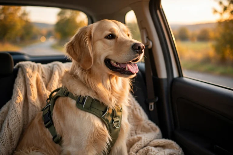 Happy golden retriever sitting in the back seat of a car on a holiday road trip