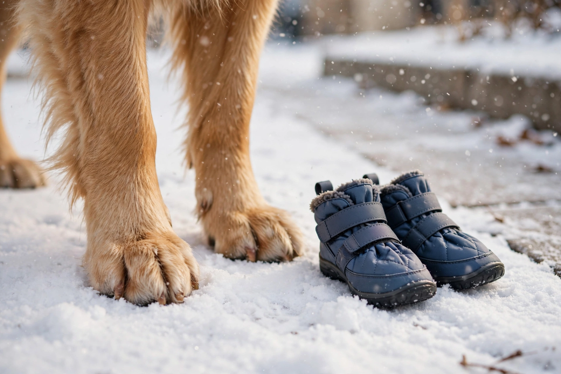 Close-up of a dog's paws standing on fresh snow with dog booties beside them