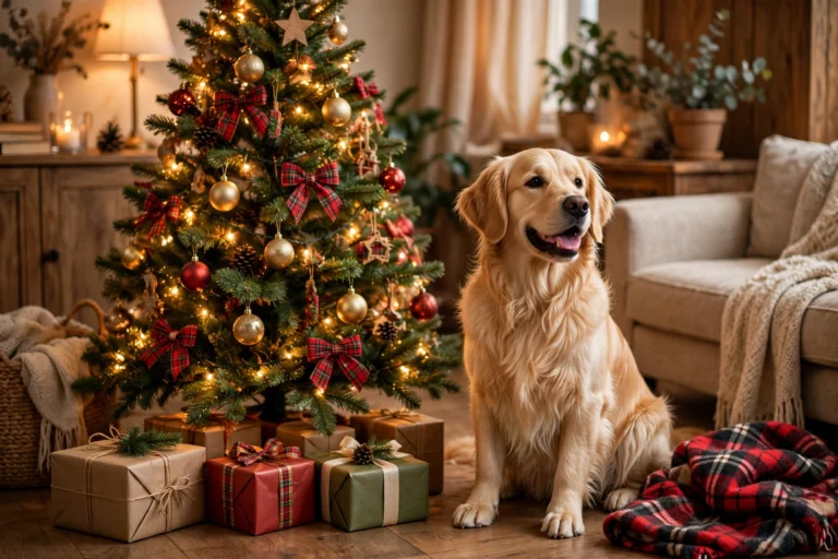 Golden retriever sitting beside a decorated Christmas tree with wrapped gifts