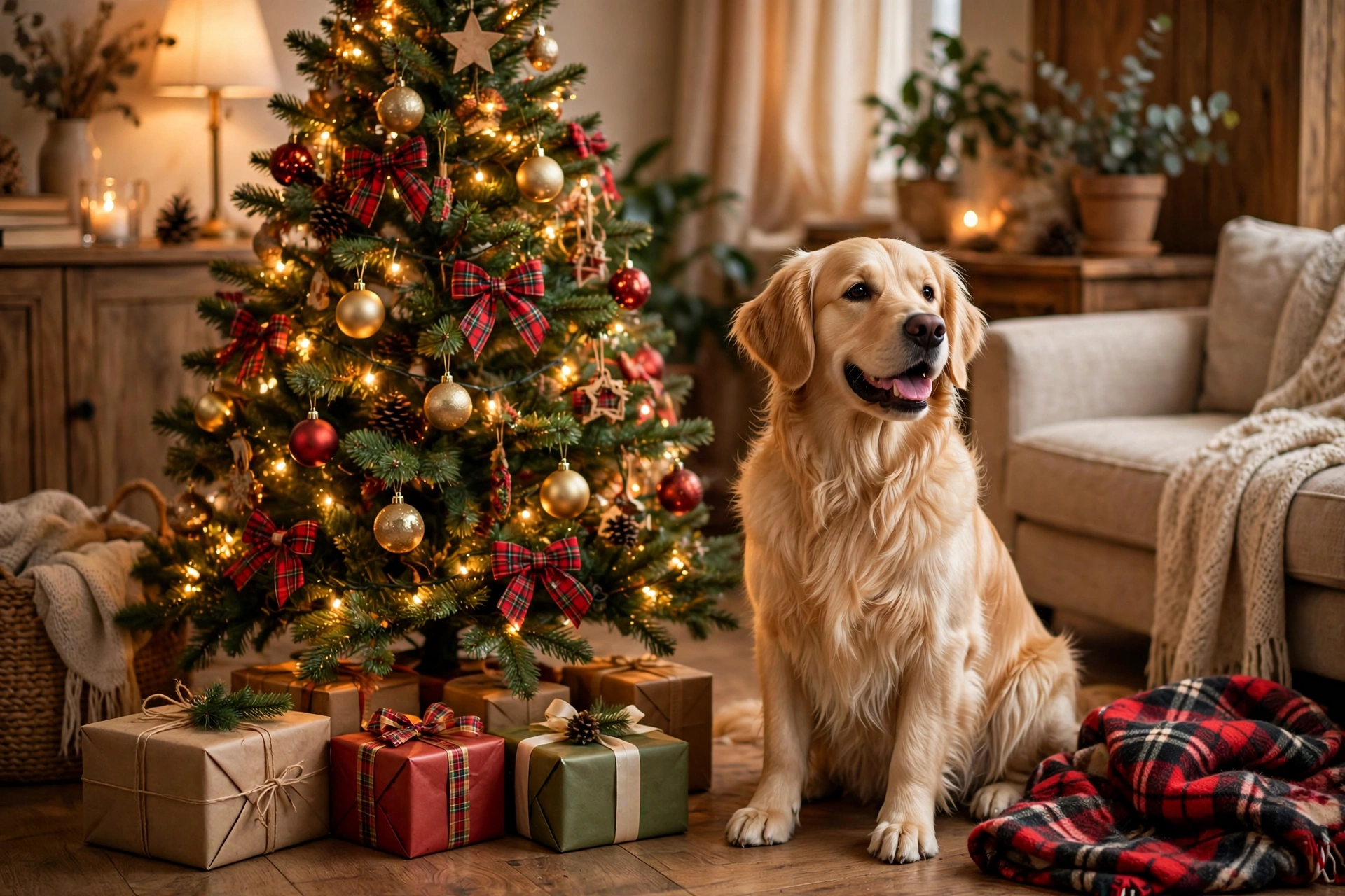Golden retriever sitting beside a decorated Christmas tree with wrapped gifts