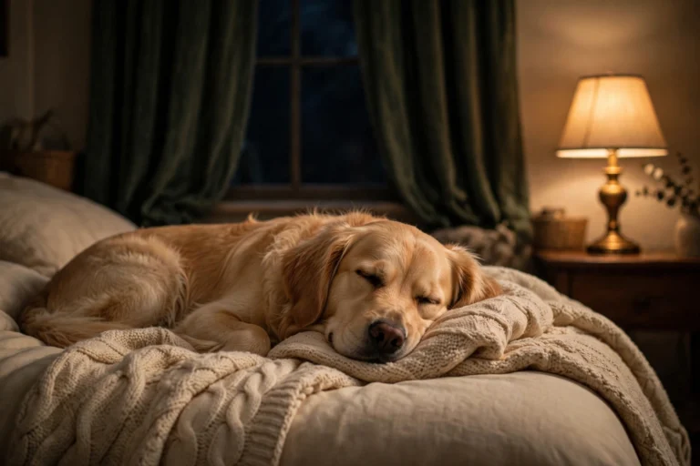 Dog resting calmly on a soft bed in a cozy dimly lit room