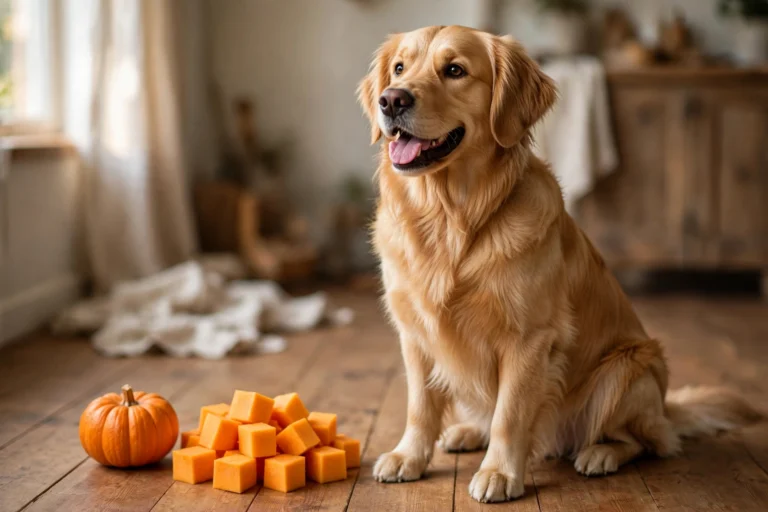 Golden retriever sitting next to fresh pumpkin cubes and a small pumpkin