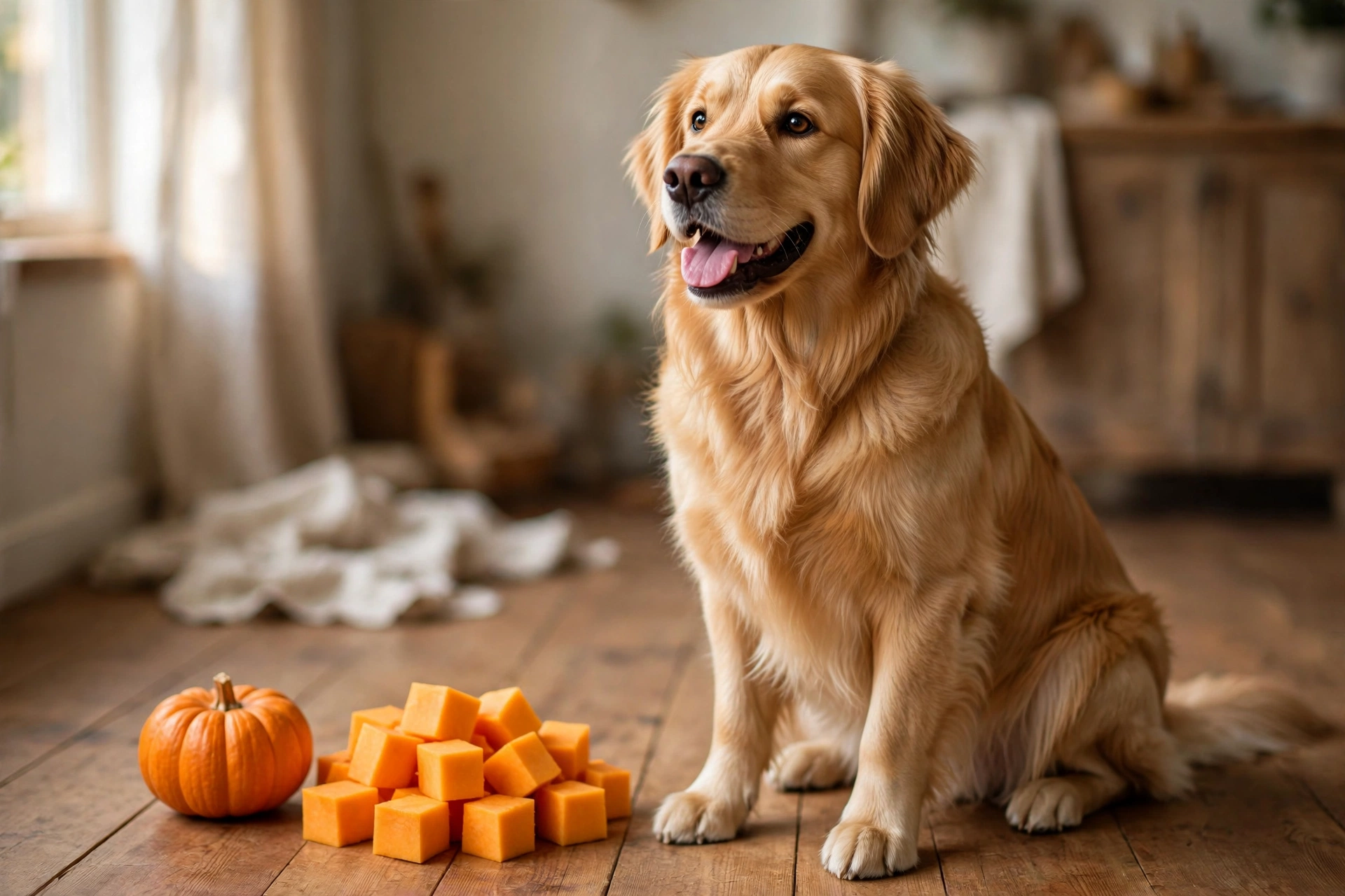 Golden retriever sitting next to fresh pumpkin cubes and a small pumpkin