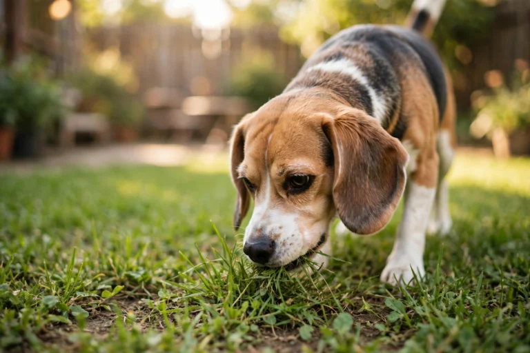 Beagle sniffing and nibbling green grass in a sunny backyard