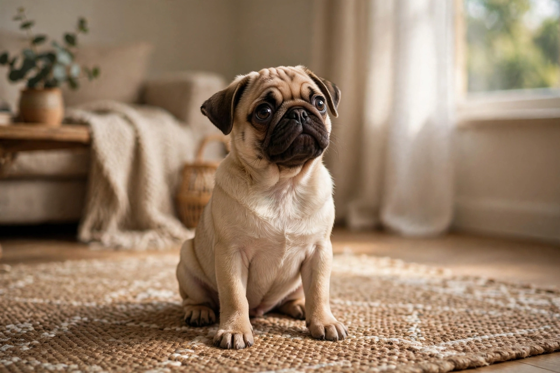 Small fawn pug sitting on a living room rug