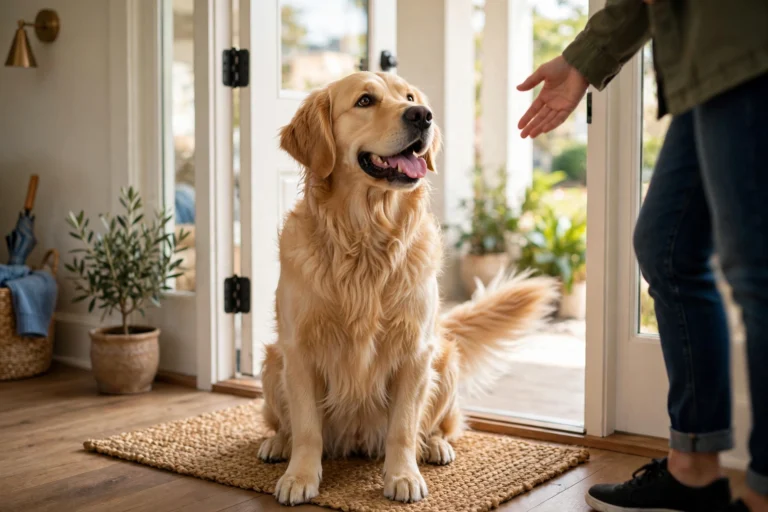 Golden retriever sitting calmly with all four paws on the floor greeting a visitor at the front door