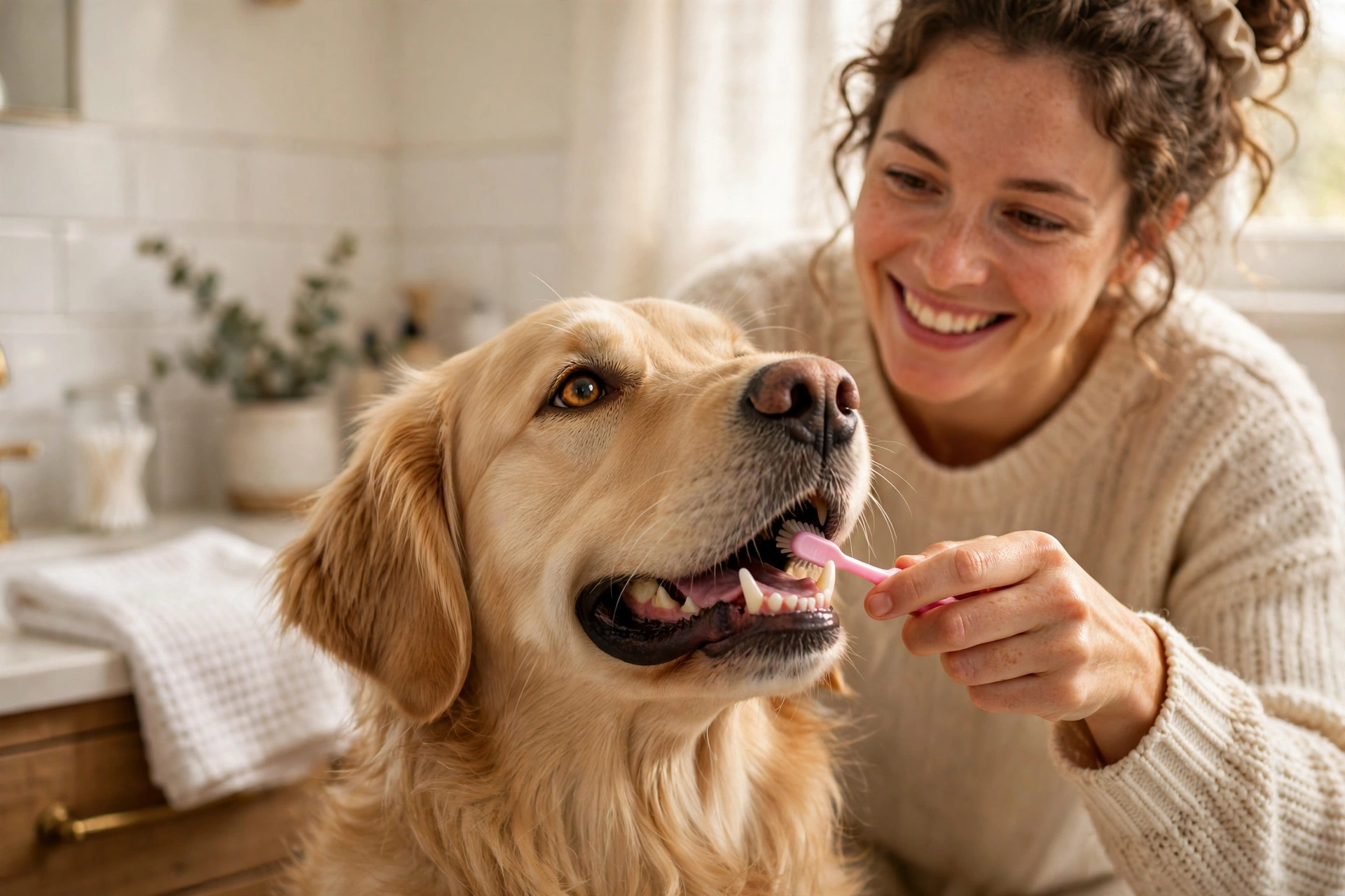 Owner brushing a golden retriever's teeth with a dog toothbrush