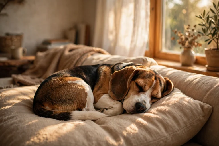 Beagle curled up asleep on a sunlit couch