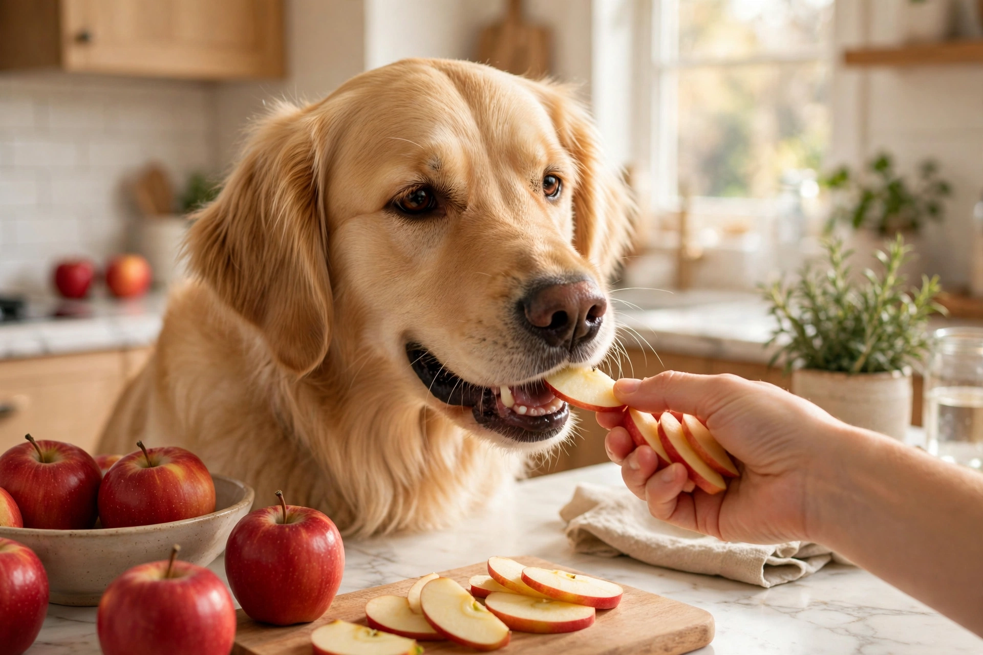 Golden retriever gently taking apple slices from an owner's hand in a bright kitchen