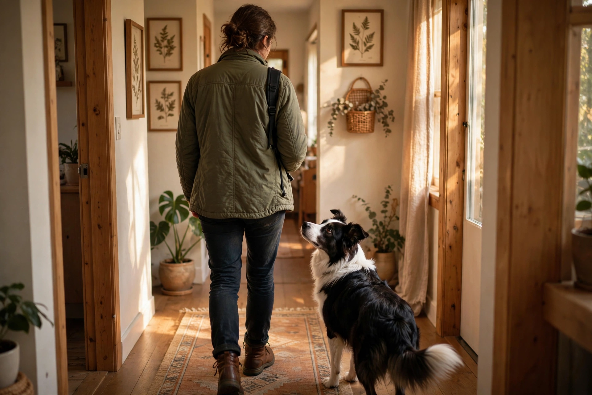 Border collie closely following its owner down a sunlit home hallway