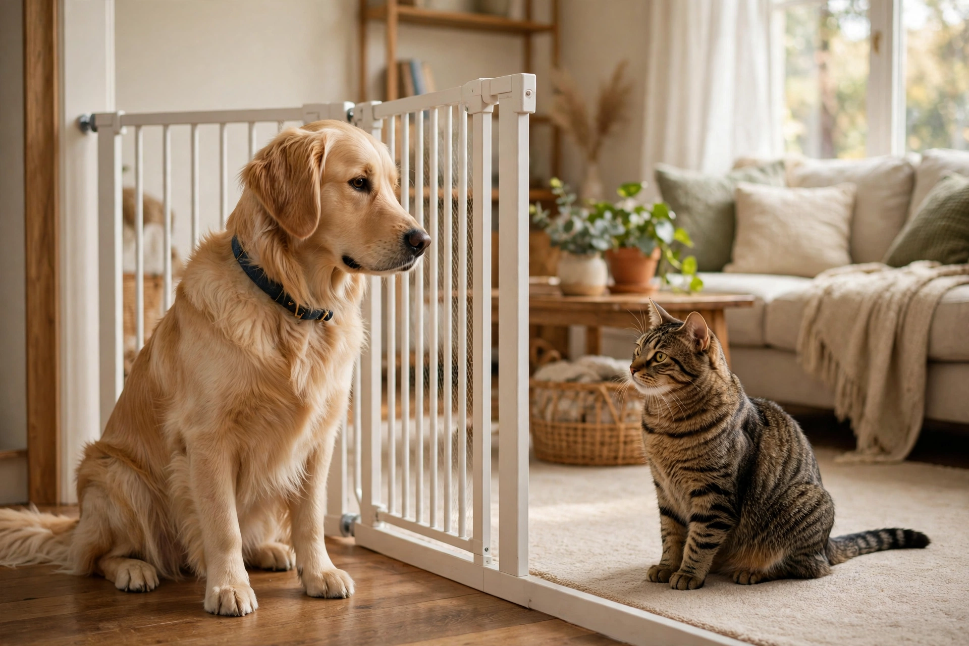 Golden retriever dog and tabby cat calmly meeting in a living room during a safe dog-to-cat introduction, separated by a baby gate