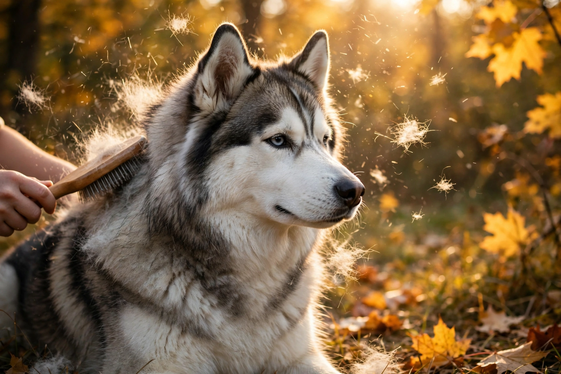 Husky-type dog with thick double coat being brushed outdoors in autumn light, loose fur in the air